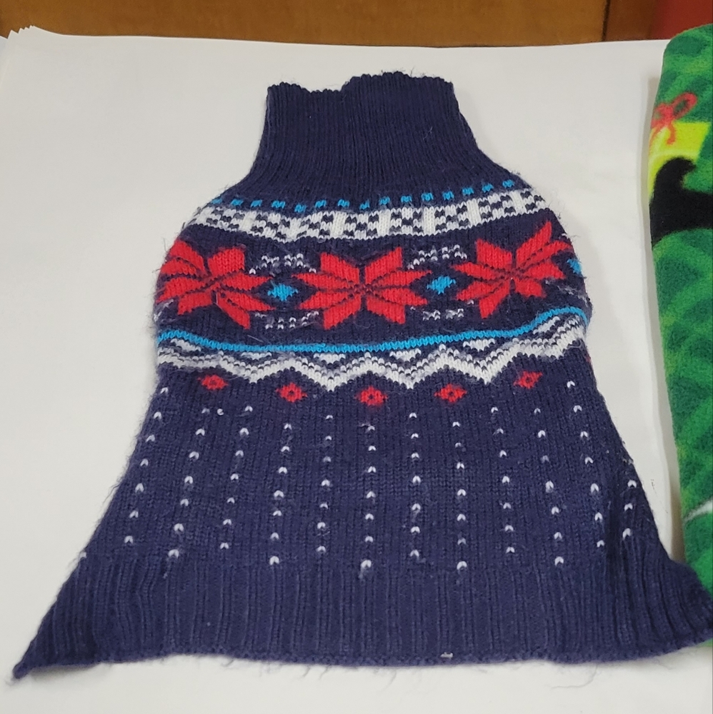 Small dog sweater and polar fleece jacket. Polar fleece home made.